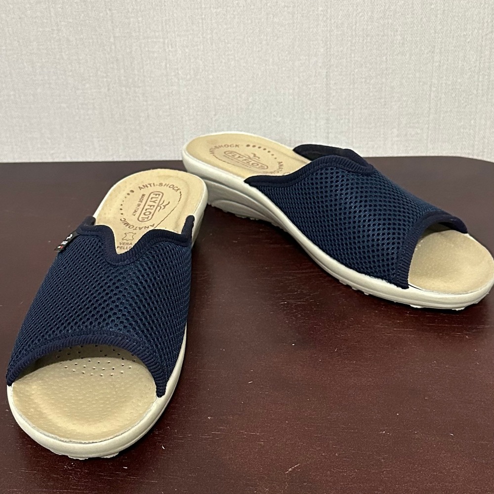 Fly Flot Womens Navy Blue Mesh Anti-Shock Anatomic Wedge Slide Sandals Size 8.5